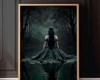 Dark Academia Gotich Print Art - Dame in the Black Lake, Victorian Wall Art, Wall Decor Aesthetic, Gothic Prints into lake Arte, Gift