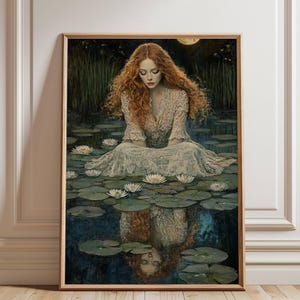 Red-haired woman in Victorian lace sits among water lilies under the moon, reflected poetically in the water in a dark academia style.dark academia poster, gothic art print, victorian aesthetic, ophelia core, melancholic reflection, moonlit art, romantic girl print, vintage portrait, lily pond art, dark aesthetic, gothic wall decor, ethereal girl, tragic beauty.