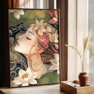 Ofelia / Diosas estilo Art Nouveau / Flor de Loto Sagrado / Academia Oscura / Arte de Estilo Vintage / Cartel Gótico / Impresión Moody