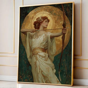Poster der Jagdgöttin Artemis – Göttliche weibliche Wandkunst im Jugendstil mit Bogen, Heiligenschein und mythologischer Ästhetik