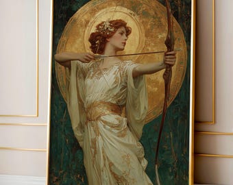 Poster „Artemis, Göttin der Jagd“ – Göttliche weibliche Wandkunst im Jugendstil mit Bogen, Heiligenschein und mythologischer Ästhetik