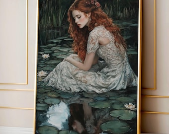 Ophelia Dark Academia Print - The Lake, Goth Moody Victorian Wall Art, Dark Decor Aesthetic, Dark Cottagecore, Gothic Prints into lake