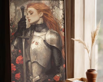 Knight Woman Victorian Decor, Dark Academia Print, Gothic Moody Victorian Wall Art, Dark Aesthetic Decor, Woman with Sword