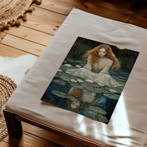 Red-haired woman in Victorian lace sits among water lilies under the moon, reflected poetically in the water in a dark academia style.dark academia poster, gothic art print, victorian aesthetic, ophelia core, melancholic reflection, moonlit art, romantic girl print, vintage portrait, lily pond art, dark aesthetic, gothic wall decor, ethereal girl, tragic beauty.