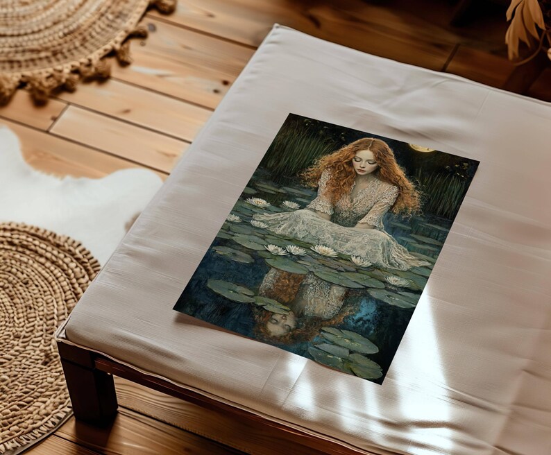 Red-haired woman in Victorian lace sits among water lilies under the moon, reflected poetically in the water in a dark academia style.dark academia poster, gothic art print, victorian aesthetic, ophelia core, melancholic reflection, moonlit art, romantic girl print, vintage portrait, lily pond art, dark aesthetic, gothic wall decor, ethereal girl, tragic beauty.