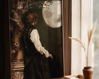 May include: A framed painting of a man in a black and white outfit sitting on a stone ledge, looking out at a full moon in the night sky.