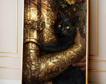 Medieval Knight with a cat Art Print, Knightcore Fantasy Art, Fantasy Maximalist Decor, Dark Academia Print, Goth Moody Victorian Wall Art