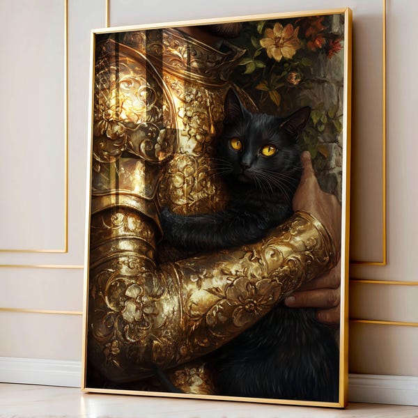 Caballero medieval con estampado de gato, decoración de fantasía maximalista, estampado Dark Academia, arte de pared victoriano gótico y melancólico