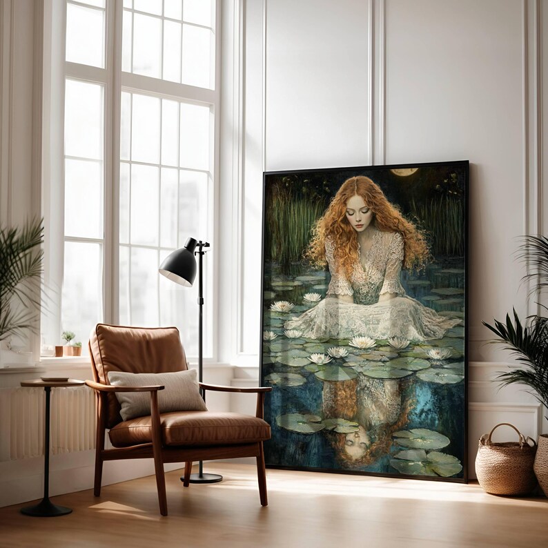 Red-haired woman in Victorian lace sits among water lilies under the moon, reflected poetically in the water in a dark academia style.dark academia poster, gothic art print, victorian aesthetic, ophelia core, melancholic reflection, moonlit art, romantic girl print, vintage portrait, lily pond art, dark aesthetic, gothic wall decor, ethereal girl, tragic beauty.