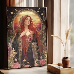 Perséfone – Diosa Art Nouveau de la primavera y el inframundo Impresión | Retrato místico con rosas y detalles dorados