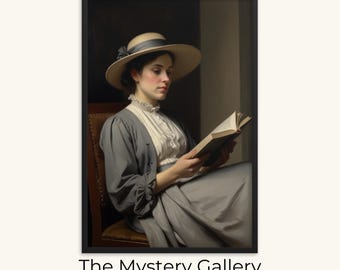Può includere: Una donna con un cappello di paglia è seduta su una sedia e legge un libro. Indossa un vestito grigio e una camicetta bianca. Lo sfondo è marrone scuro.
