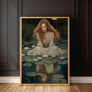 Red-haired woman in Victorian lace sits among water lilies under the moon, reflected poetically in the water in a dark academia style.dark academia poster, gothic art print, victorian aesthetic, ophelia core, melancholic reflection, moonlit art, romantic girl print, vintage portrait, lily pond art, dark aesthetic, gothic wall decor, ethereal girl, tragic beauty.