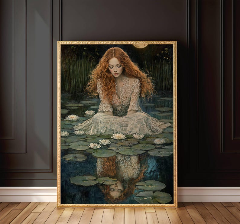 Red-haired woman in Victorian lace sits among water lilies under the moon, reflected poetically in the water in a dark academia style.dark academia poster, gothic art print, victorian aesthetic, ophelia core, melancholic reflection, moonlit art, romantic girl print, vintage portrait, lily pond art, dark aesthetic, gothic wall decor, ethereal girl, tragic beauty.