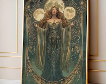 Selene - Art Nouveau Moon Goddess Print | Mystical Illustration with Lunar and Golden Motifs | Fantasy and Esoteric Wall Art Decor