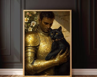 Medieval Knight with a cat Art Print, Knightcore Fantasy Art, Fantasy Maximalist Decor, Dark Academia Print, Goth Moody Victorian Wall Art