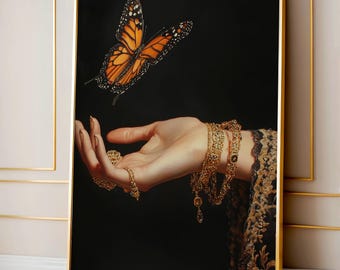 May include: A woman's hand adorned with gold jewelry reaches out towards a monarch butterfly with orange and black wings against a black background.
