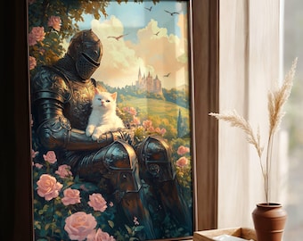 May include: A knight in shining armor sits in a garden with a white cat on his lap. The knight is wearing a helmet and armor, and the cat is looking at the viewer. The background is a lush garden with roses and a castle in the distance.