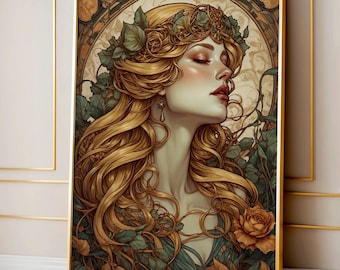 Puede incluir: Impresión enmarcada de estilo Art Nouveau que representa a una mujer con largo cabello rubio, adornada con una corona floral y pendientes. La obra de arte utiliza una paleta de colores suaves de verdes, dorados y melocotones, con una gran rosa en la esquina inferior derecha. El marco es dorado.