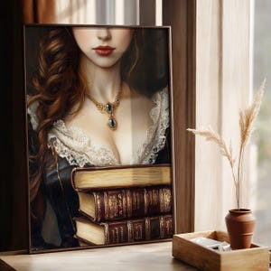 Books Victorian Art Moody Painting Vintage Woman Book Print, Victorian Wall Decor, Dark Antique Art Dark Academia Print