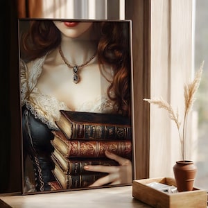 Books Victorian Art Moody Painting Vintage Woman Book Print, Victorian Wall Decor, Dark Antique Art Dark Academia Print