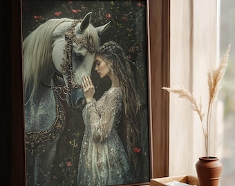 Woman and Horse in a Fairytale Atmosphere| Dark Academia Print / Vintage Art / Gothic Poster / Dark Academia Art / Moody Print / cottagecore