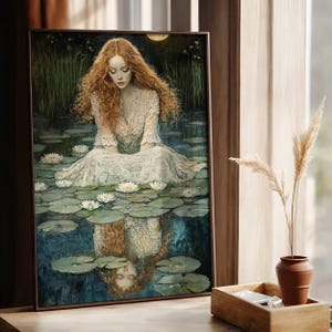 Red-haired woman in Victorian lace sits among water lilies under the moon, reflected poetically in the water in a dark academia style.dark academia poster, gothic art print, victorian aesthetic, ophelia core, melancholic reflection, moonlit art, romantic girl print, vintage portrait, lily pond art, dark aesthetic, gothic wall decor, ethereal girl, tragic beauty.