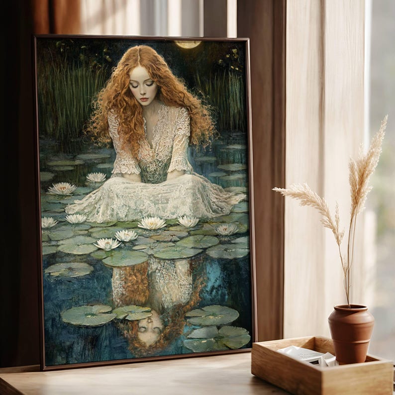 Red-haired woman in Victorian lace sits among water lilies under the moon, reflected poetically in the water in a dark academia style.dark academia poster, gothic art print, victorian aesthetic, ophelia core, melancholic reflection, moonlit art, romantic girl print, vintage portrait, lily pond art, dark aesthetic, gothic wall decor, ethereal girl, tragic beauty.