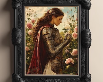 May include: A woman in armor stands in a garden, holding a white rose. She is wearing a red cloak and a gold helmet. The background is a lush garden with many roses in bloom.