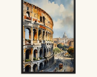 Pintura em aquarela de Roma, arte de parede do Coliseu, impressão italiana, pôster de Roma, arte de viagem, presente de casamento