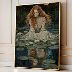 Red-haired woman in Victorian lace sits among water lilies under the moon, reflected poetically in the water in a dark academia style.dark academia poster, gothic art print, victorian aesthetic, ophelia core, melancholic reflection, moonlit art, romantic girl print, vintage portrait, lily pond art, dark aesthetic, gothic wall decor, ethereal girl, tragic beauty.