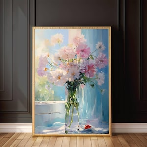 Pittura a olio impressionista, Natura morta floreale con vista sull'oceano, Fiori in vaso, Natura morta.