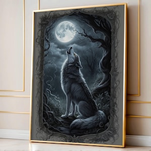 Wolf heult den Mond an - Tarot, Dark Academia, Gothic Kunstdrucke, viktorianische Wandkunst, Wanddekoration, Gothic Drucke