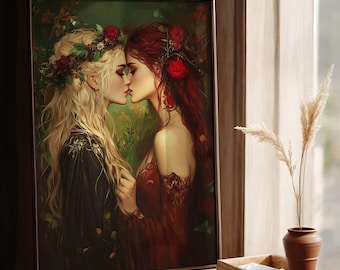 Love Queens, Two Goddess in love Wall art Sappho Lesbian decor Art Print, Cottagecore, Lesbian Wall art