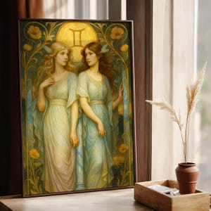 Poster der Zwillingsgöttin | Jugendstil-Sternzeichenkunst | Mystischer Druck für Tarot und esoterisches Dekor