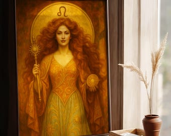 Leo Godin Poster | Art Nouveau Zonne-Zodiac Print | Mystieke Kunst voor Tarot en Vrouwelijke Decoratie