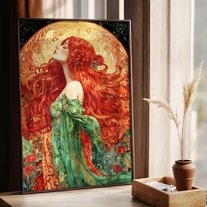 Lily / Dea in stile Art Nouveau / Incantesimo della rosa rossa / Capelli rossi / Dark Academia / Arte vintage / Poster gotico / Stampa moody