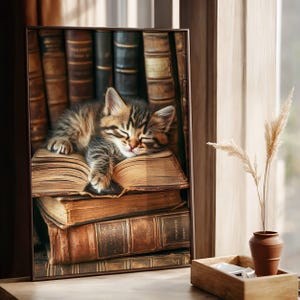 Cat & Antique Books - Dark Academia Poster, Vintage Aesthetic Print for Book Lovers, Moody Print