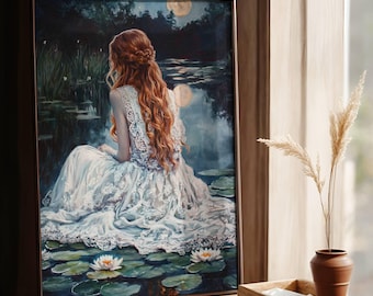 May include: A painting of a woman in a white lace dress sitting on lily pads in a pond. The woman has long red hair and is looking away from the viewer. The pond is surrounded by trees and there are several moons in the sky.