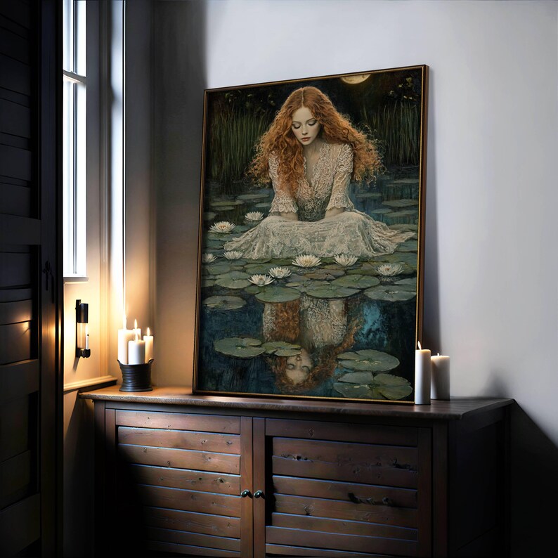 Red-haired woman in Victorian lace sits among water lilies under the moon, reflected poetically in the water in a dark academia style.dark academia poster, gothic art print, victorian aesthetic, ophelia core, melancholic reflection, moonlit art, romantic girl print, vintage portrait, lily pond art, dark aesthetic, gothic wall decor, ethereal girl, tragic beauty.