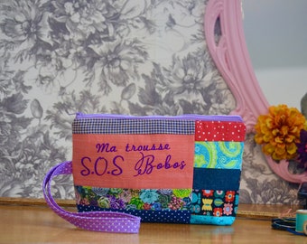 Small pencil case with strap, waterproof interior, woman,girl, "My S.O.S Bobos pencil case" embroidery, cactus,coral, blue, red polka dots