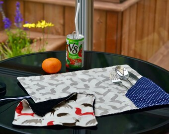Lunch placemat, squirrel pattern, gray and beige, blue fabric with white polka dots, back to school, rolled placemat, work placemat,washable