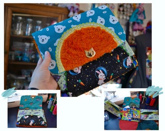 Multi-functional pouch, (with large central pouch, its patch pouch, 2 zipped pouches which hide behind 2 pretty flaps)