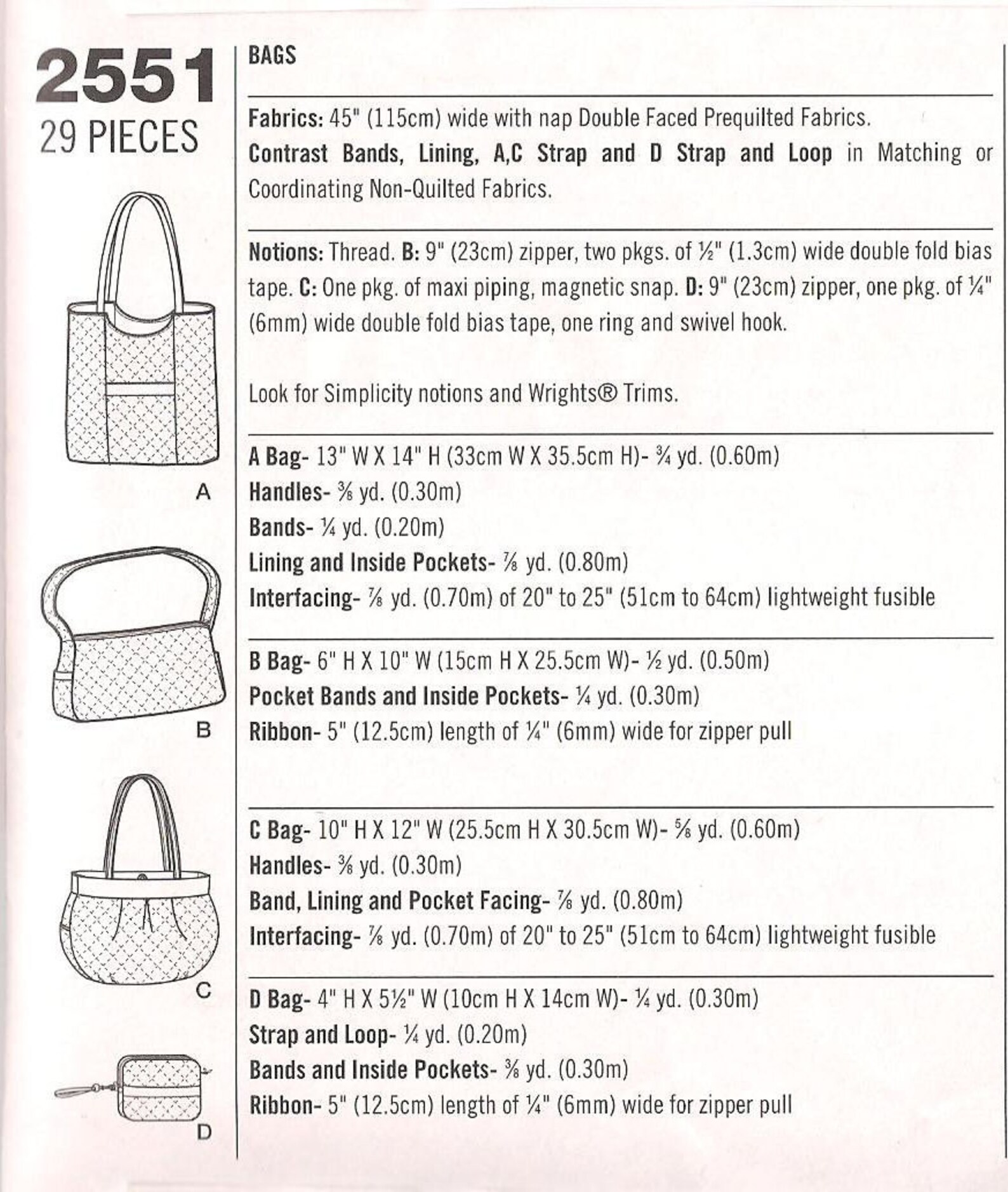 SIMPLICITY PATTERN 2551 Quilted Purses and Totes, Matching Change Purse ...