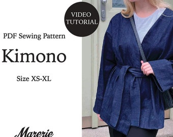 Denim Kimono Jacket, PDF pattern, women jacket, easy pattern, video tutorial + sewing instructions, XS-XL