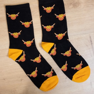 Highland Cow Socks: Black Cotton Crew Socks, Scottish Design