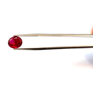 May include: A small, oval-cut, vibrant red gemstone held by a pair of silver-toned metal tweezers. The gemstone features a faceted surface that reflects light, creating a brilliant appearance against a plain, bright white background.