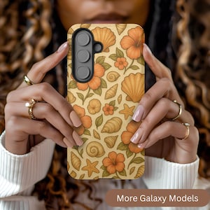 Vintage Floral Seashell Pattern Phone Case, Beachy Tropical Phone Case, Summer Flowers iPhone 16 15 14 13 Cover, Samsung Galaxy S25 S24 S23