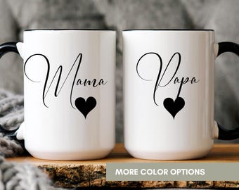 Mama And Papa Ceramic Mug Set 11oz 15oz, First Time Parents Gift, Pregnancy Reveal Coffee Cup, Cute Baby Shower Present Gift for New Parents