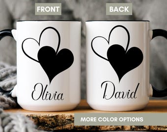 Personalized Hearts Couple Mug Set, Custom Names Coffee Cups, His And Hers Gift For Anniversary Wedding Valentine's Day, Coffee Lovers Gift