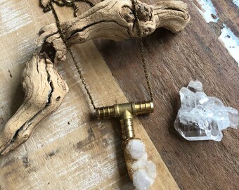 Brass T necklace with raw spirit quartz